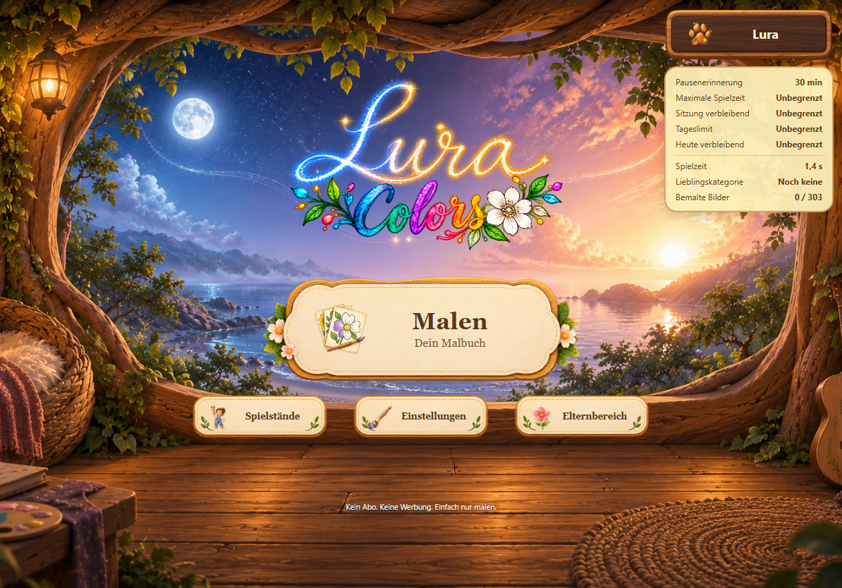 Lura Colors: vollständiges Baumhaus-Startmenü mit Malbuch, Spielständen, Einstellungen und Elternbereich
