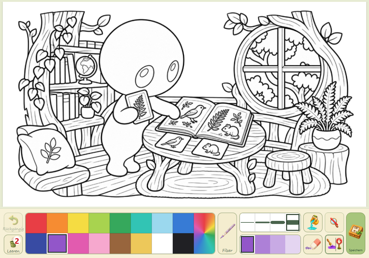 Lura Colors: vollständige Malfläche der mittleren Kind-Malstufe mit einer Lura-Ausmalvorlage, Malwerkzeugen und Farbpalette